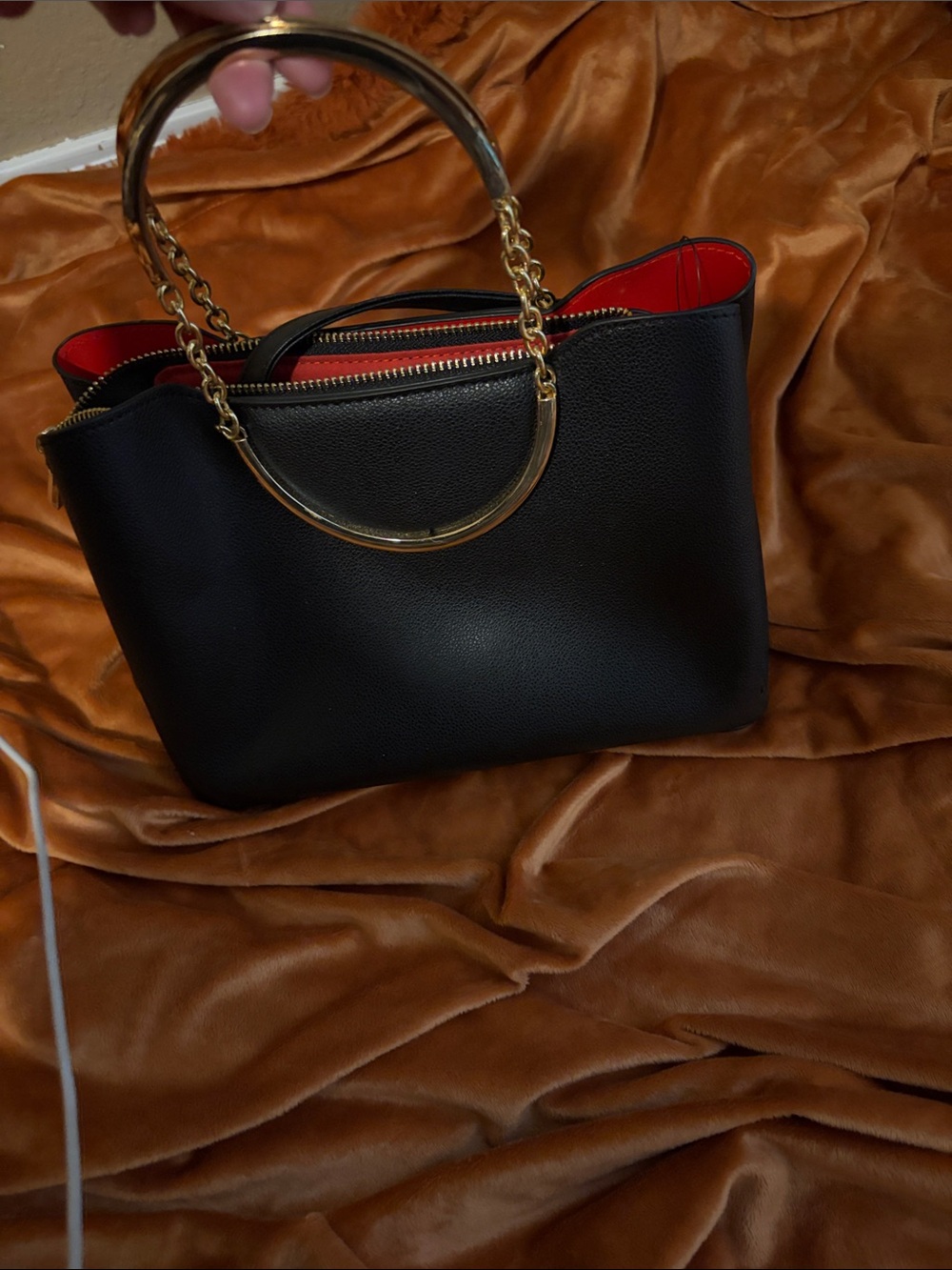 Black and Red Leather Tote with Gold Chain Handles